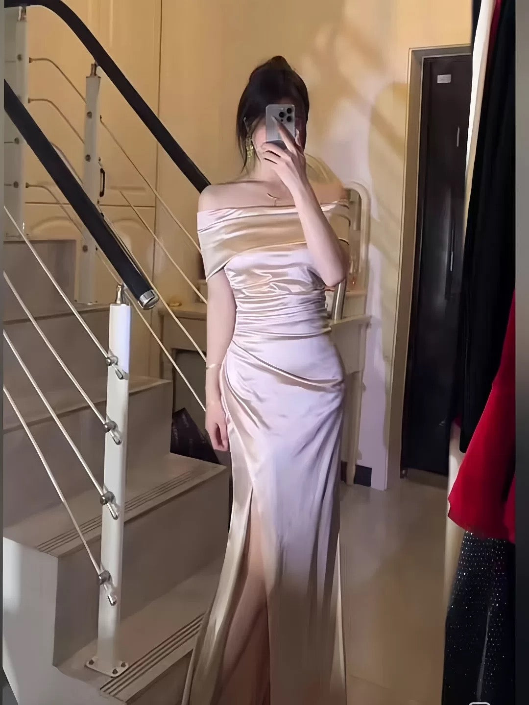 Mystical Mermaid Off The Shoulder Pink Satin Date Night Evening Outfit Formal Prom Dresses RB5650