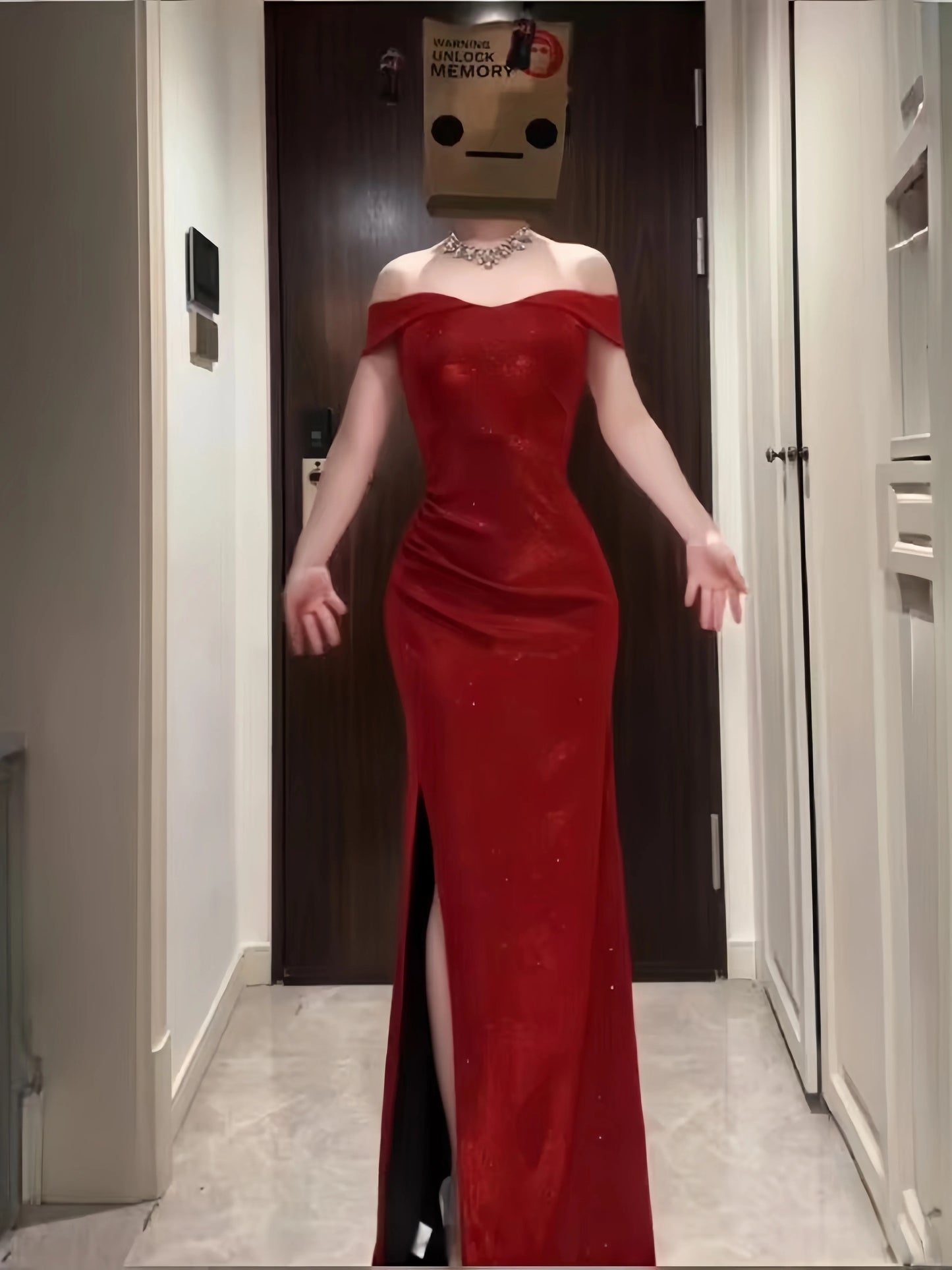 Sophisticated Mermaid Off The Shoulder Red Sequined Date Night Outfits Formal Prom Gown Slit Birthday Dresses RB5652