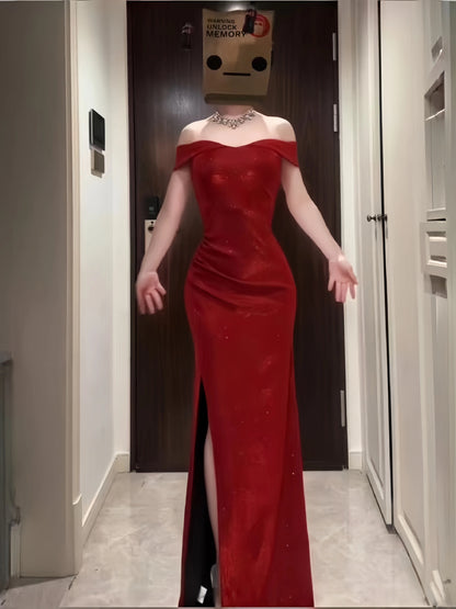Sophisticated Mermaid Off The Shoulder Red Sequined Date Night Outfits Formal Prom Gown Slit Birthday Dresses RB5652