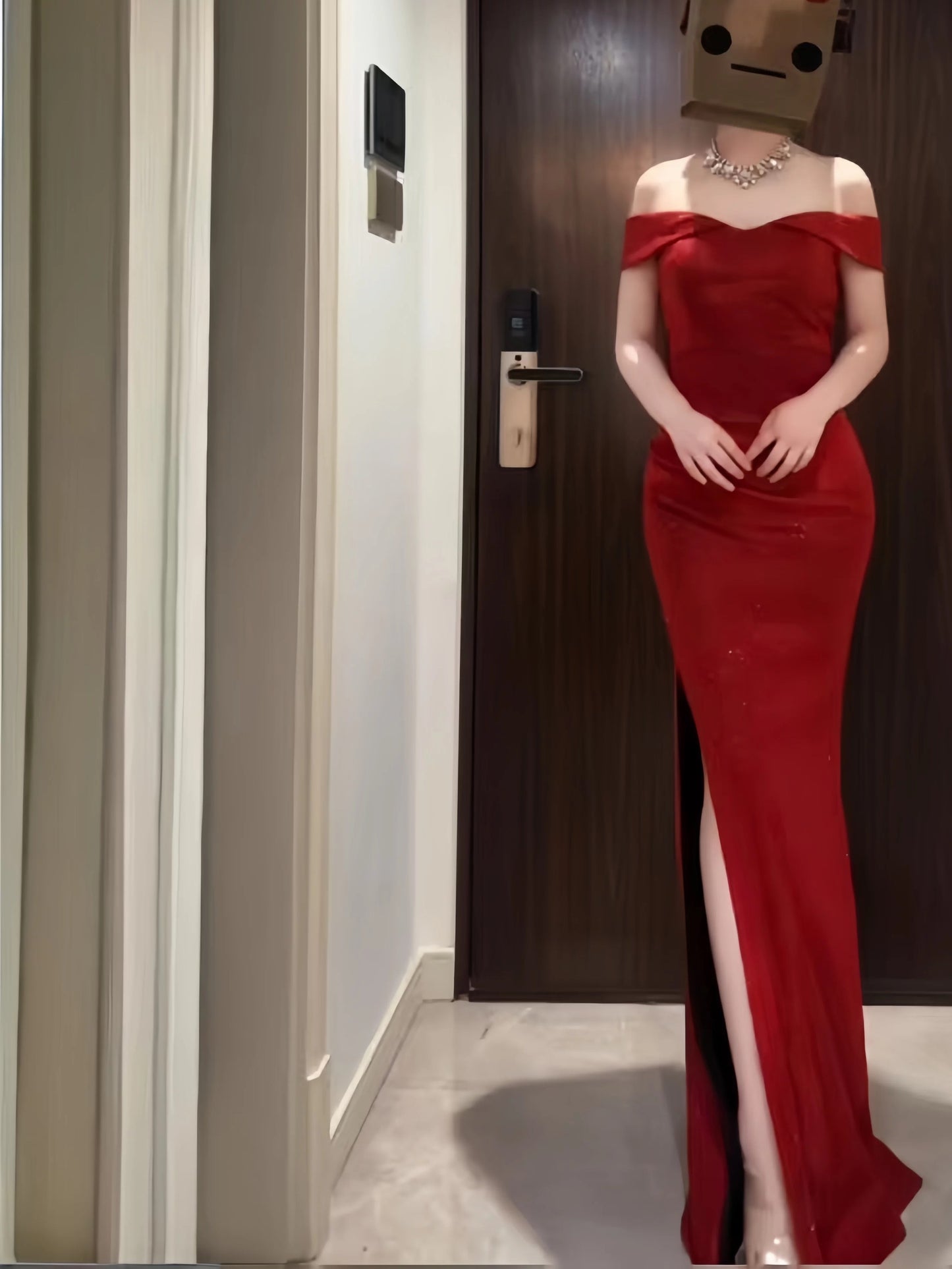 Sophisticated Mermaid Off The Shoulder Red Sequined Date Night Outfits Formal Prom Gown Slit Birthday Dresses RB5652