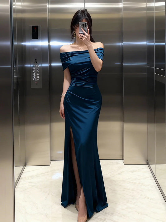 Mystical Mermaid Off The Shoulder Navy Blue Slit Satin Date Night Evening Outfit Formal Prom Dresses RB5656