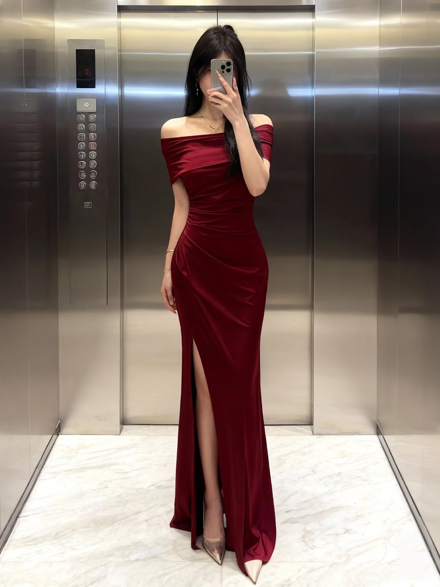 Mystical Mermaid Off The Shoulder Navy Blue Slit Satin Date Night Evening Outfit Formal Prom Dresses RB5656