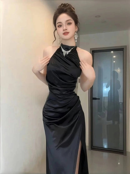 Modest Mermaid Halter Satin With Ruffled Slit Long Cruise Ship Formal Night Evening Dresses 18th Birthday Outfits RB5656