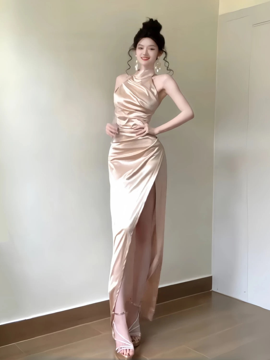 Modest Mermaid Halter Satin With Ruffled Slit Long Cruise Ship Formal Night Evening Dresses 18th Birthday Outfits RB5656