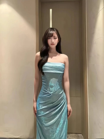 Sophisticated Mermaid Spaghetti Strap Blue Sequined Date Night Outfits Formal Prom Gown Birthday Dresses RB5657
