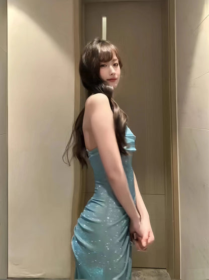 Sophisticated Mermaid Spaghetti Strap Blue Sequined Date Night Outfits Formal Prom Gown Birthday Dresses RB5657