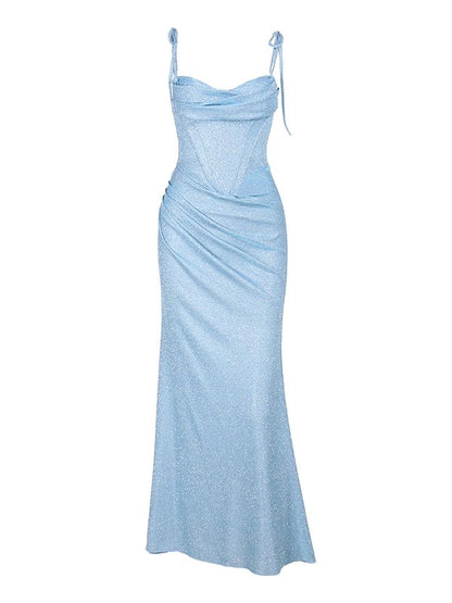 Sophisticated Mermaid Spaghetti Strap Blue Sequined Date Night Outfits Formal Prom Gown Birthday Dresses RB5657