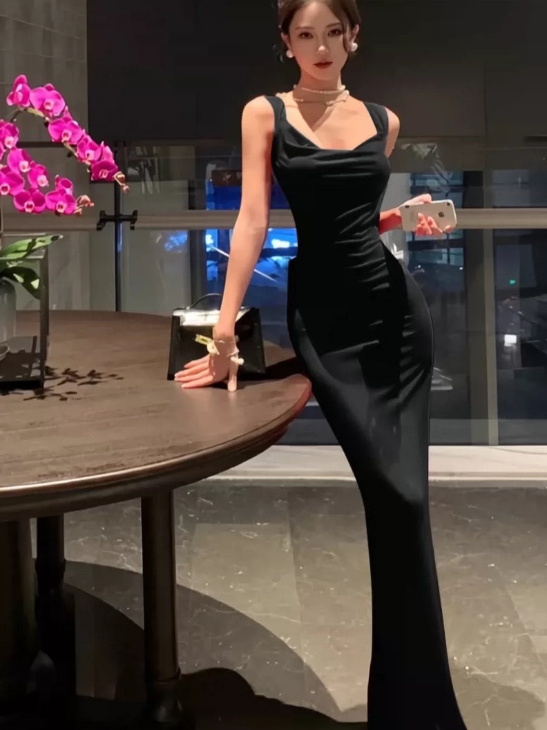 Sophisticated Mermaid Square Neck Black Tie Dress Date Backless Night Outfits Formal Prom Gown Birthday Dresses RB5659