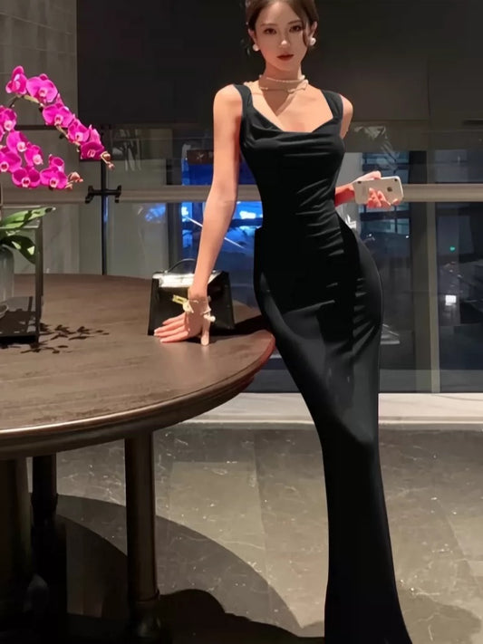 Sophisticated Mermaid Square Neck Black Tie Dress Date Backless Night Outfits Formal Prom Gown Birthday Dresses RB5659