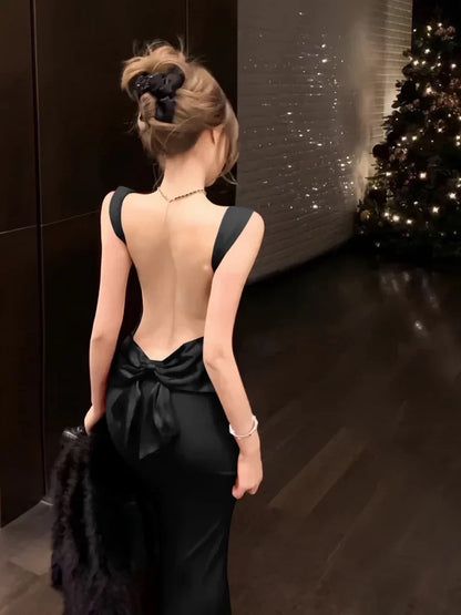 Sophisticated Mermaid Square Neck Black Tie Dress Date Backless Night Outfits Formal Prom Gown Birthday Dresses RB5659