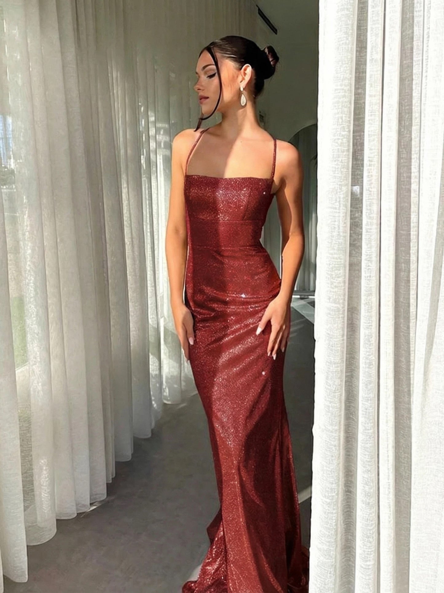 Mystical Mermaid Spaghetti Strap Gold Sequin Backless Date Night Evening Outfit Formal Prom Dresses RB5633
