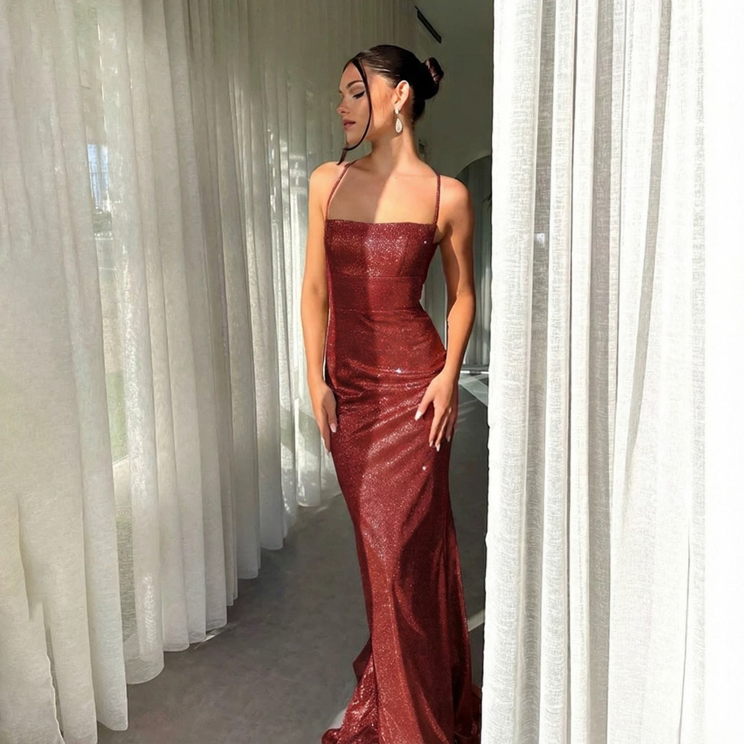Mystical Mermaid Spaghetti Strap Gold Sequin Backless Date Night Evening Outfit Formal Prom Dresses RB5633