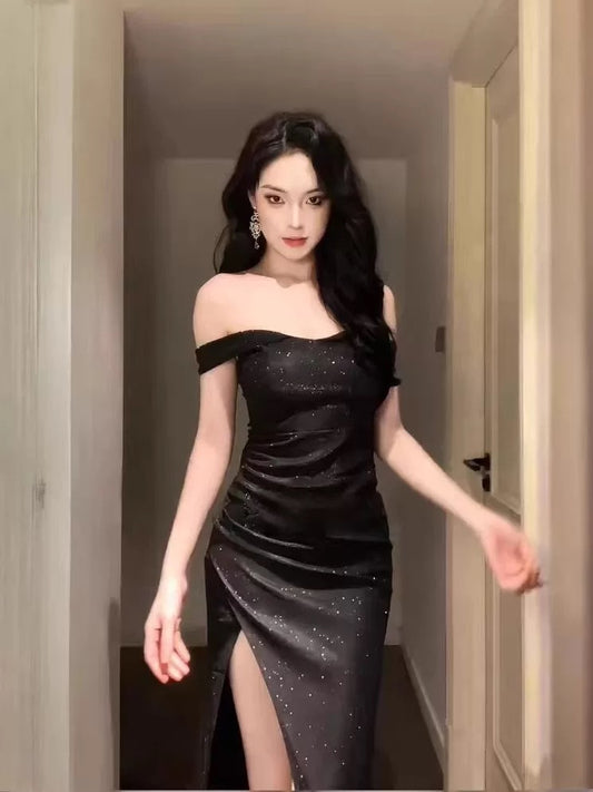 Simple Mermaid Off The Shoulder Black Slit Sequin Date Floor Length Night Evening Outfit Formal Prom Dresses RB5639
