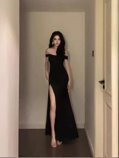 Simple Mermaid Off The Shoulder Black Slit Sequin Date Floor Length Night Evening Outfit Formal Prom Dresses RB5639