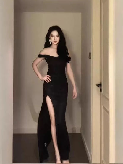 Simple Mermaid Off The Shoulder Black Slit Sequin Date Floor Length Night Evening Outfit Formal Prom Dresses RB5639