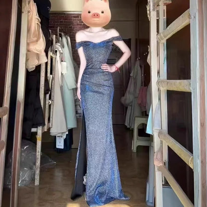 Sexy Mermaid Off The Shoulder Sequin With High Split Cruise Ship Formal Night Evening Dresses 18th Birthday Outfit RB5635