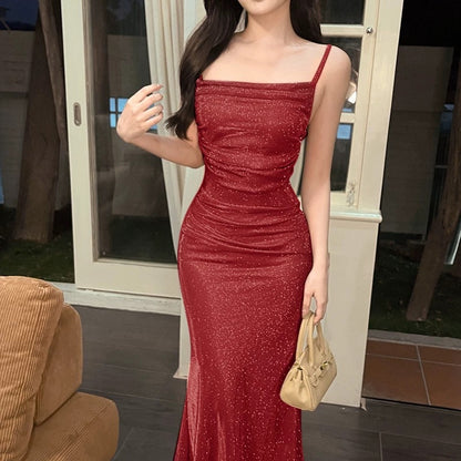Stunning Mermaid Spaghetti Strap Blue Sequin Date With Ruffled Night Evening Outfit Formal Prom Dresses RB5482
