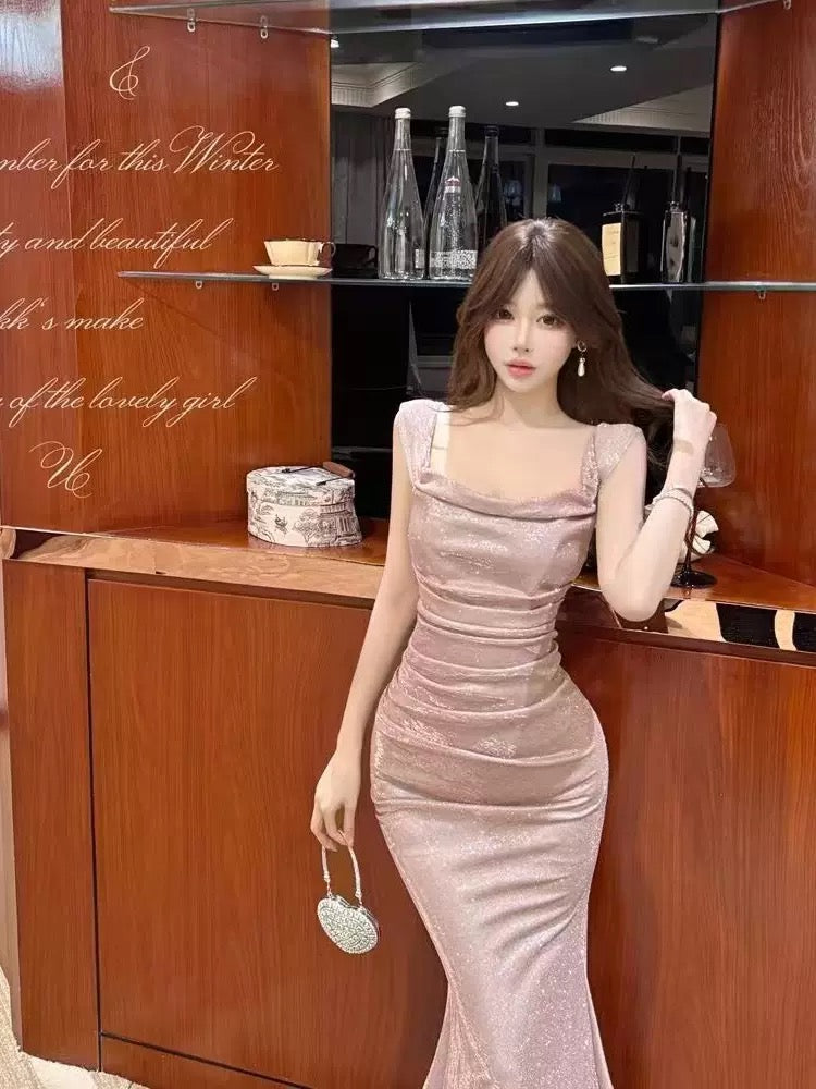 Sexy Mermaid Off The Shoulder Pink Sequin With Ruffled Cruise Ship Formal Night Evening Dresses 18th Birthday Outfit RB5637