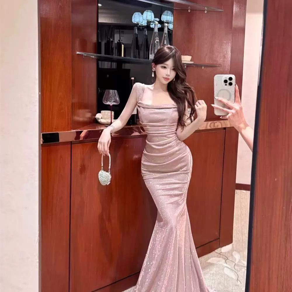Sexy Mermaid Off The Shoulder Pink Sequin With Ruffled Cruise Ship Formal Night Evening Dresses 18th Birthday Outfit RB5637