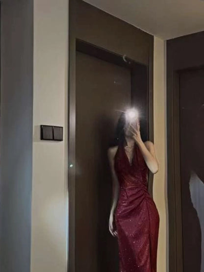 Delicate Mermaid V Neck Halter With Ruffled Long Slit Burgundy Cruise Ship Formal Night Evening Dresses 19th Birthday Outfits RB5641