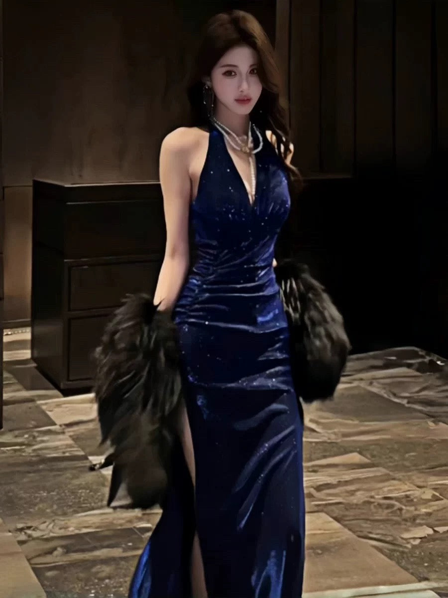 Delicate Mermaid V Neck Halter With Ruffled Long Slit Burgundy Cruise Ship Formal Night Evening Dresses 19th Birthday Outfits RB5641