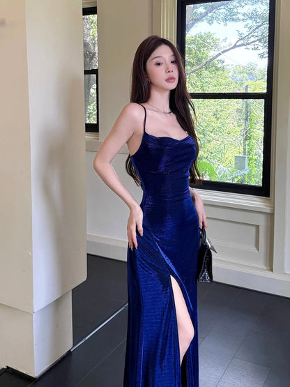 Classy Mermaid Spaghetti Strap Royal Blue With Split Date Night Outfits Floor Length Formal Prom Gown Birthday Dresses RB5642