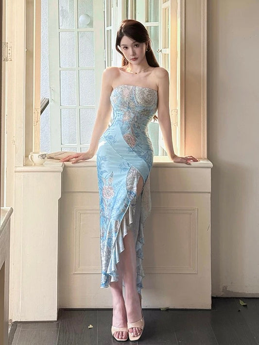 Sophisticated Sheath Strapless Blue Floral Date Night Outfits Ankle Length Formal Prom Gown Birthday Dresses RB5646