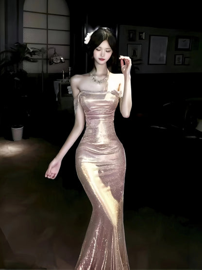 Mystical Mermaid Off The Shoulder Pink Sequin Date Night Evening Outfit Formal Prom Dresses RB5647