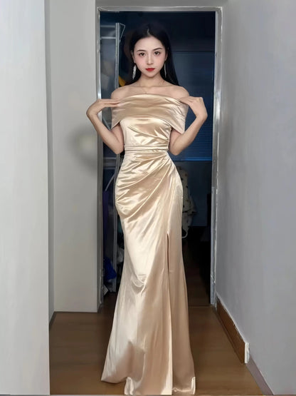 Delicate Mermaid Off The Shoulder Gold With Ruffled Long Cruise Ship Formal Night Evening Dresses 19th Birthday Outfits RB5649