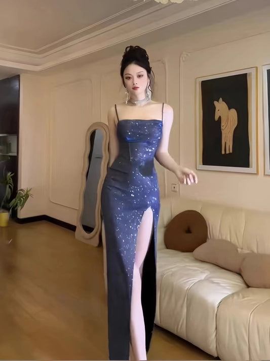 Sexy Mermaid Spaghetti Strap Navy Blue Sequin With Split Date Night Evening Outfit Formal Prom Dresses RB5421
