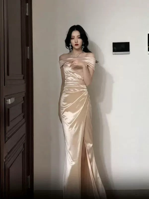 Sexy Mermaid Off The Shoulder Gold Satin With Split Date Night Evening Outfit Formal Prom Dresses RB5423