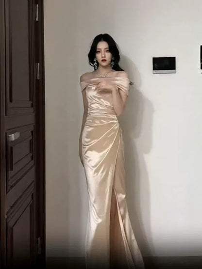 Sexy Mermaid Off The Shoulder Gold Satin With Split Date Night Evening Outfit Formal Prom Dresses RB5423