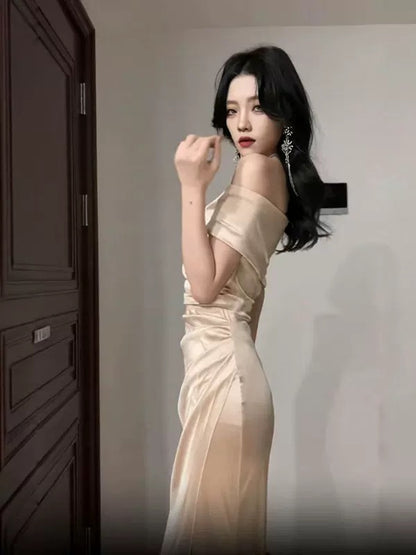 Sexy Mermaid Off The Shoulder Gold Satin With Split Date Night Evening Outfit Formal Prom Dresses RB5423
