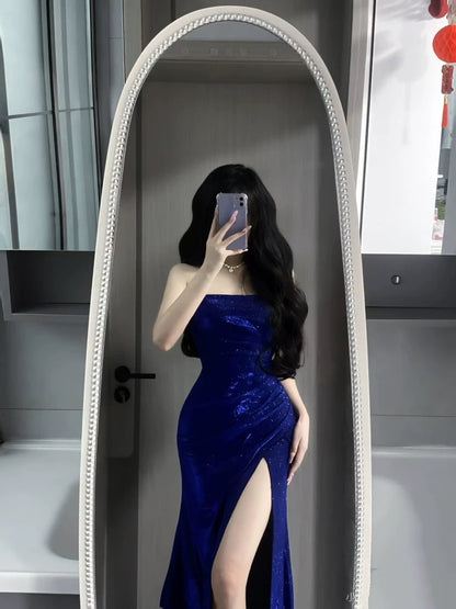 Sexy Mermaid Strapless Royal Blue Sequin With Split Date Night Evening Outfit Formal Prom Dresses RB5422