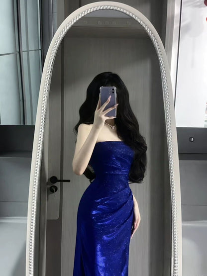 Sexy Mermaid Strapless Royal Blue Sequin With Split Date Night Evening Outfit Formal Prom Dresses RB5422