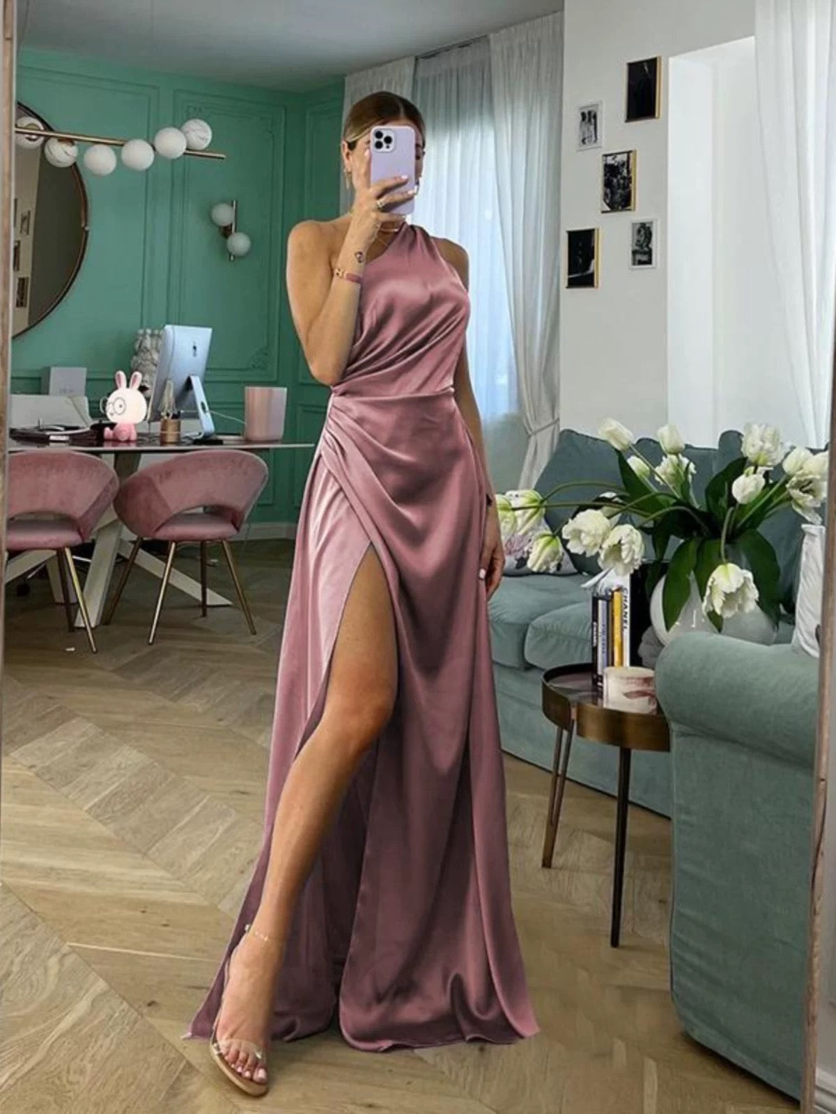 Sexy Mermaid One Shoulder Navy Blue Satin With Split Date Night Outfits Long Formal Evening Wedding Guest Dress RB5426