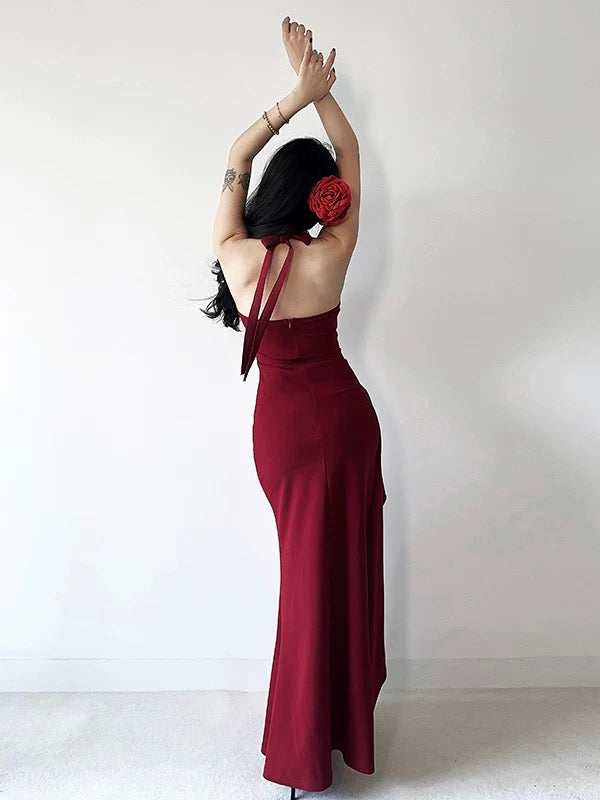 Classy Mermaid Halter Burgundy Satin Sleeveless With Slit Date Night Evening Outfit Formal Prom Dresses RB5431