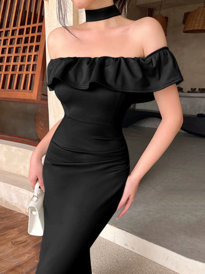 Modest Mermaid Off The Shoulder Black Tie Dress With Ruffle Date Floor Length Night Evening Outfit Formal Prom Dresses RB5460