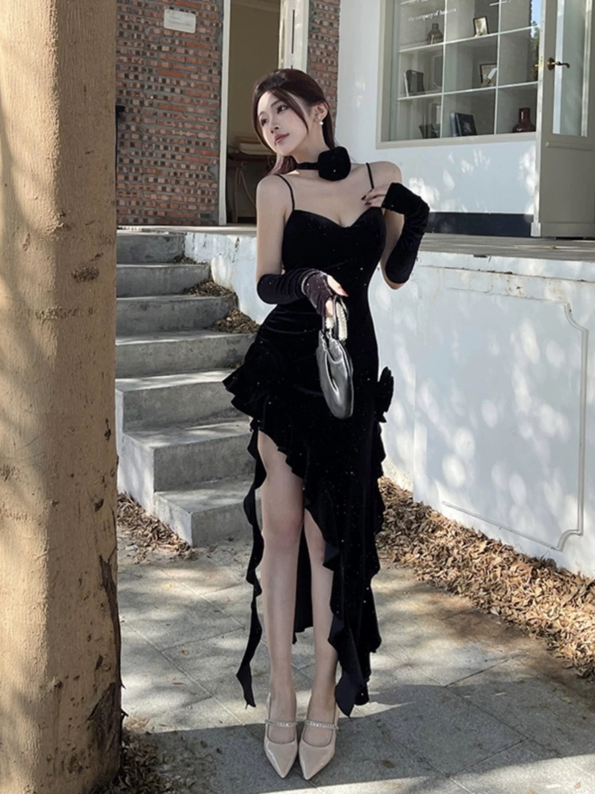 Sexy Mermaid Spaghetti Strap Red Velvet With Ruffle Date Floor Length Night Birthday Outfit Formal Prom Dresses RB5461