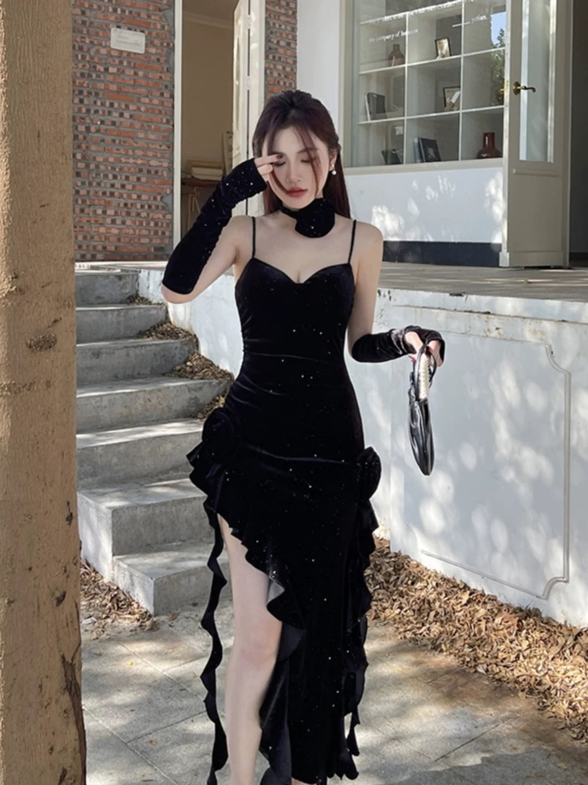 Sexy Mermaid Spaghetti Strap Red Velvet With Ruffle Date Floor Length Night Birthday Outfit Formal Prom Dresses RB5461