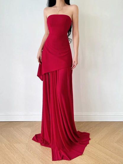 Simple A Line Strapless Black Chiffon With Ruffle Slit Date Floor Length Night Birthday Outfit Formal Prom Dresses RB5463