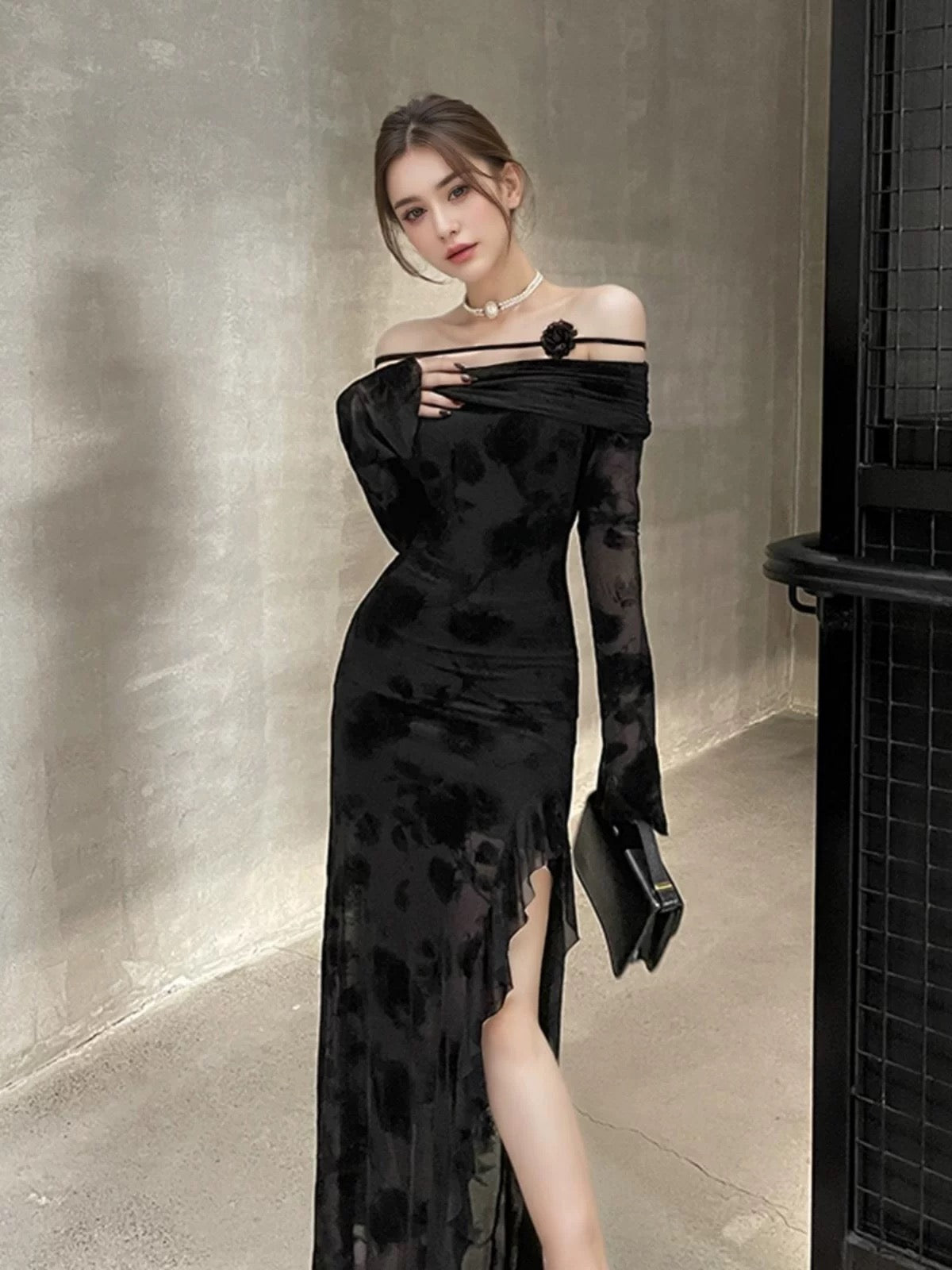 Chic Mermaid Off The Shoulder Black Lace With Ruffled Date Floor Length Night Evening Outfit Formal Prom Dresses RB5465