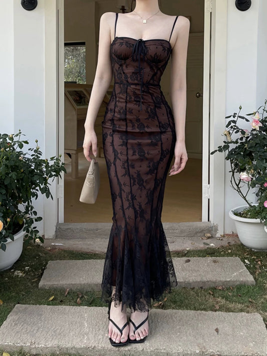 Modest Mermaid Spaghetti Strap Black With Lace Date Floor Length Night Evening Outfit Formal Prom Dresses RB5466
