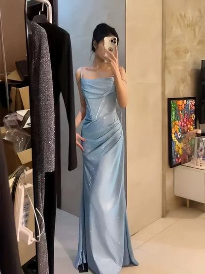 Sexy Mermaid Spaghetti Strap Light Sky Blue Long Sequin Date Night Outfits Semi Formal Prom Wedding Guest Dresses RB5432