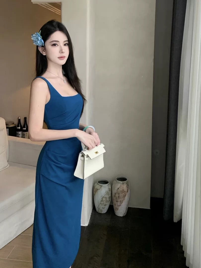 Simple Sheath Square Neck Royal Blue With Ruffle Date Midi Length Night Birthday Outfit Formal Prom Dresses RB5467