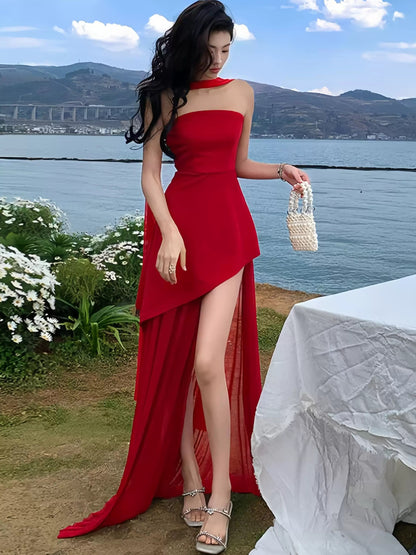 Simple A Line Strapless Black Chiffon With Ruffle Slit Date Floor Length Night Birthday Outfit Formal Prom Dresses RB5463
