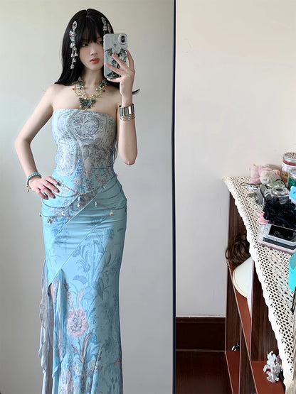Modest Mermaid Strapless Blue With Split Date Floor Length Night Evening Outfit Formal Prom Dresses RB5468