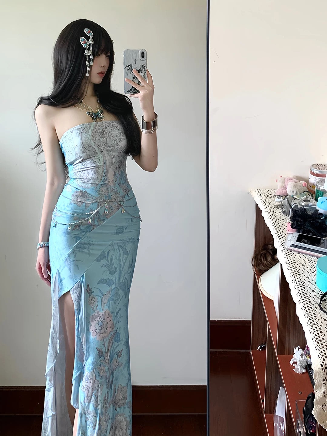 Modest Mermaid Strapless Blue With Split Date Floor Length Night Evening Outfit Formal Prom Dresses RB5468