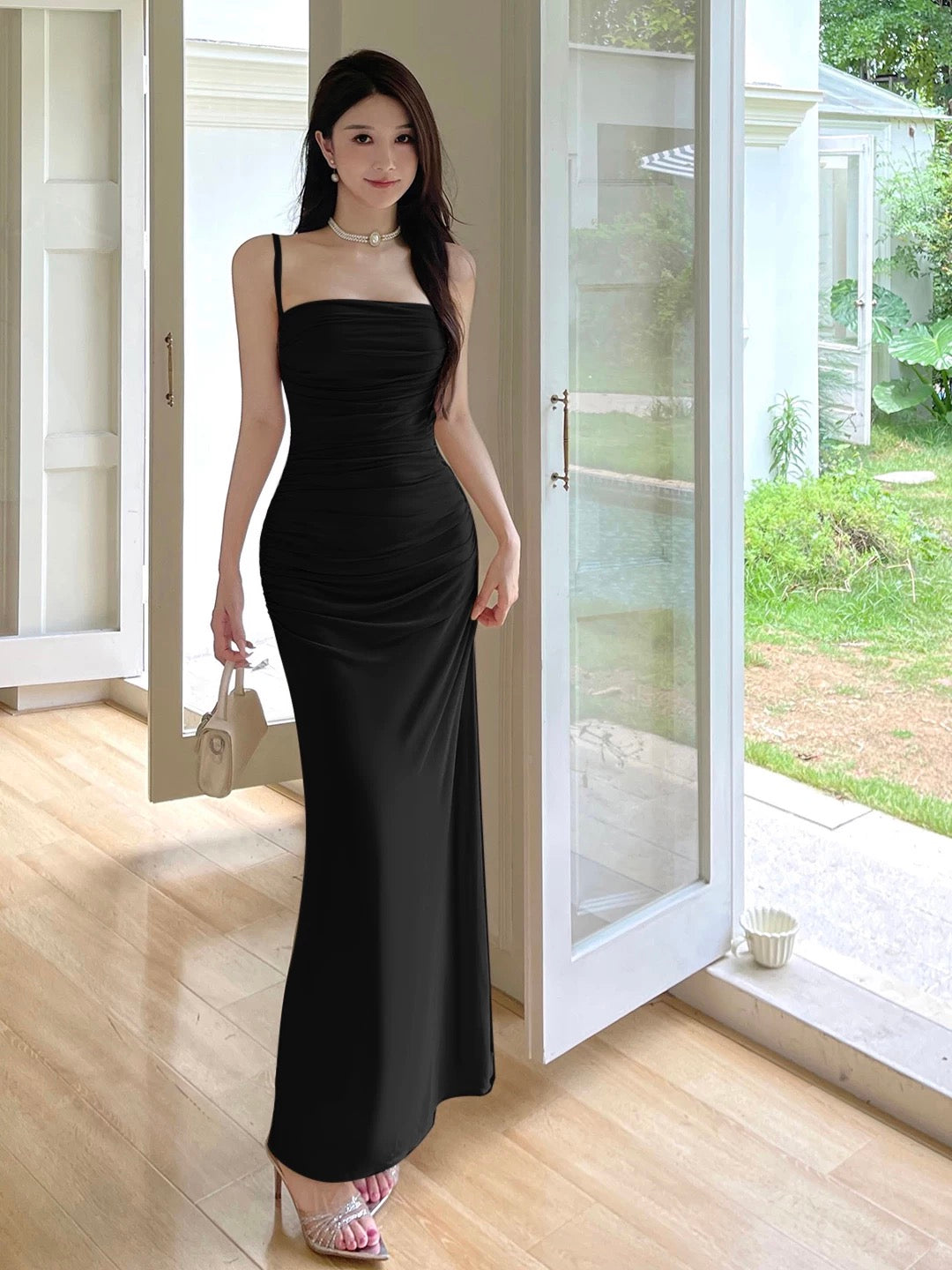 Simple Mermaid Spaghetti Strap Champagne With Ruffle Date Floor Length Night Birthday Outfit Formal Prom Dresses RB5469