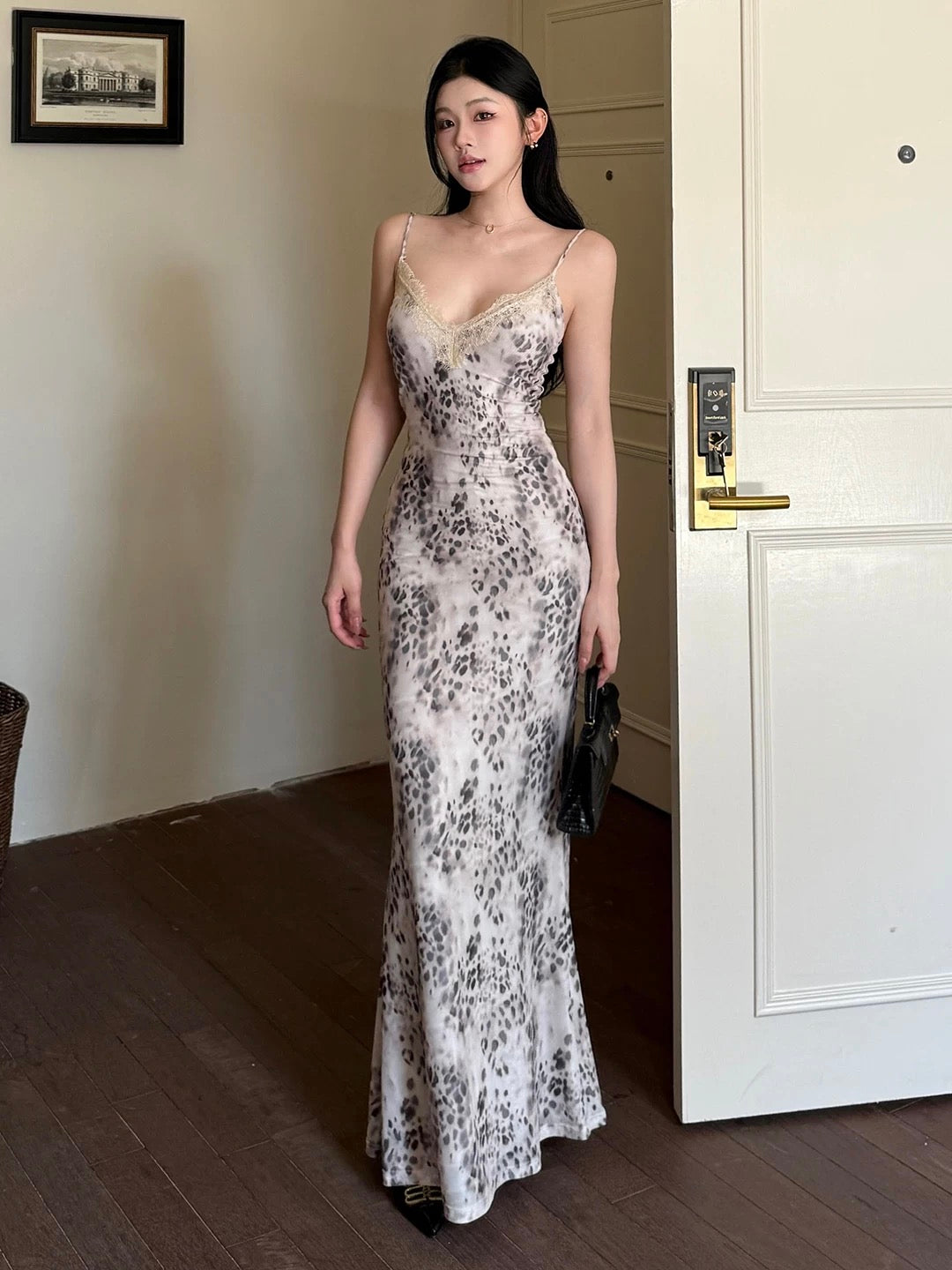Modest Mermaid Spaghetti Strap Leopard print Date Floor Length Night Evening Outfit Formal Prom Dresses RB5471